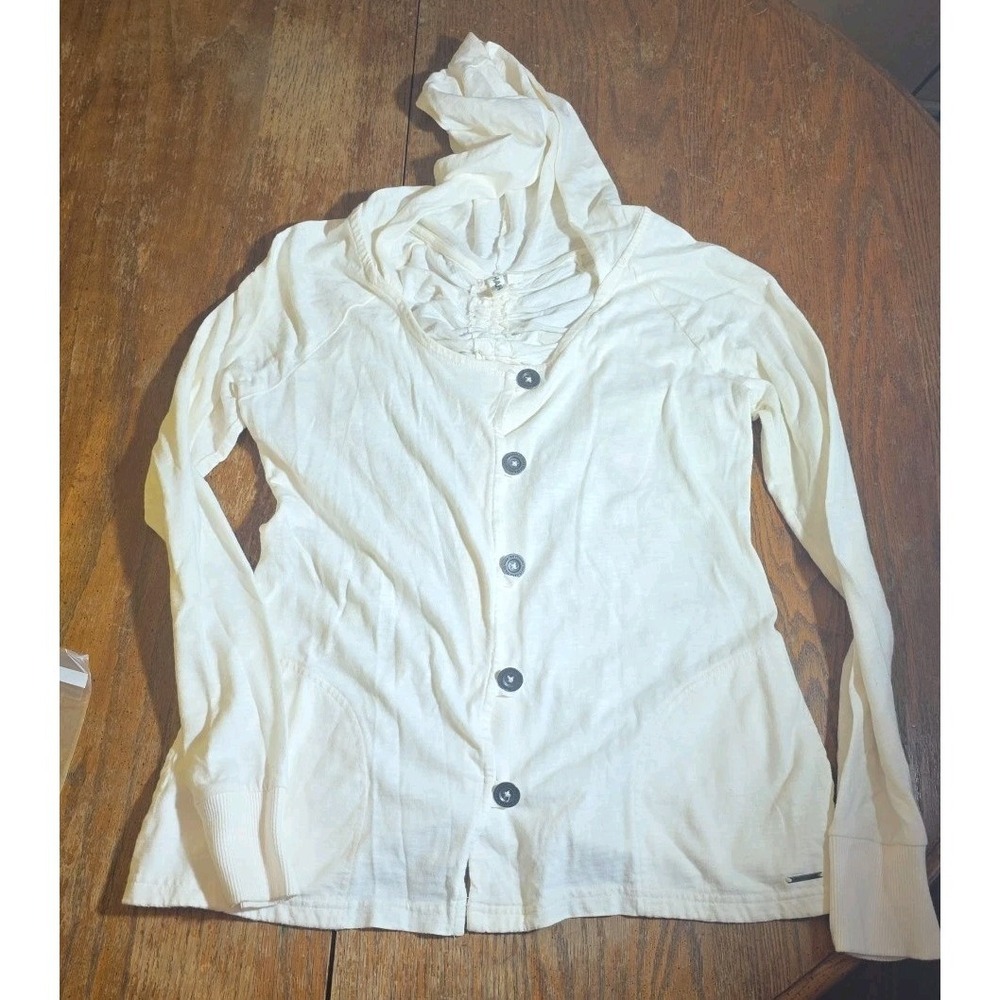 Vintage Hang Ten Womens Y2K Hooded‎ Cardigan Size L Cream Preppy Academia Surf